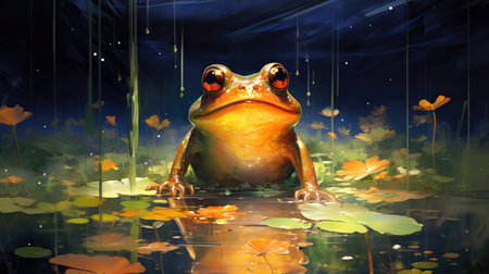cartoon scene with frog in the swamp - illustration for children. (ai generated)の素材