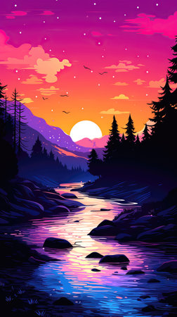 Night landscape with river and forest. Vector illustration for your design. (ai generated)の素材