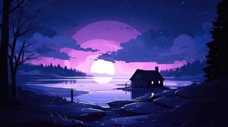 Fantasy landscape with house on the lake at night. Vector illustration. (ai generated)の素材