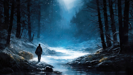 Man walking in winter forest with fog. (ai generated)の素材
