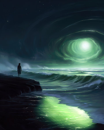 Man standing on a rock in the sea at night with a full moon in the background (ai generated)の素材