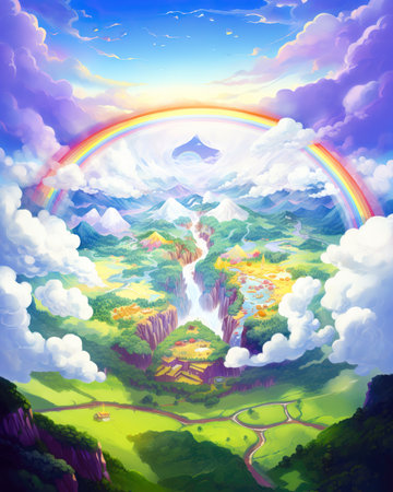 Colorful fantasy landscape with a rainbow in the sky. Illustration (ai generated)の素材