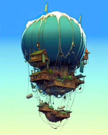 Hot air balloon flying in the blue sky. 3D illustration. (ai generated)の素材