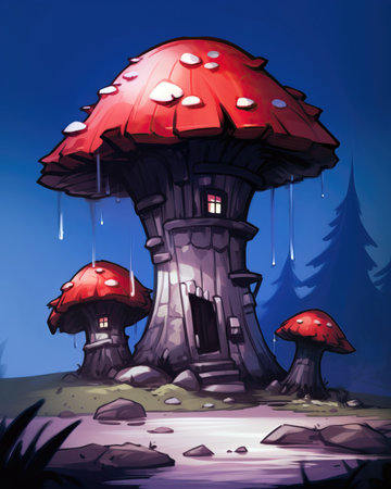 Illustration of a mushroom house in the woods. Fantasy landscape. (ai generated)の素材