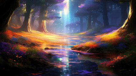 Fantasy landscape with fantasy forest and river. 3d illustration. (ai generated)の素材