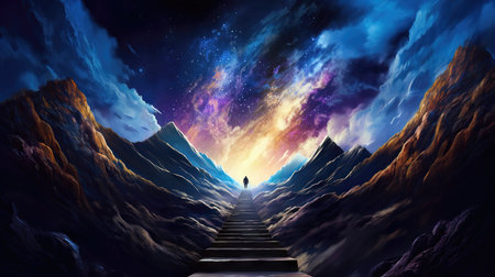 Conceptual image of a man climbing up a stairway to the stars (ai generated)の素材