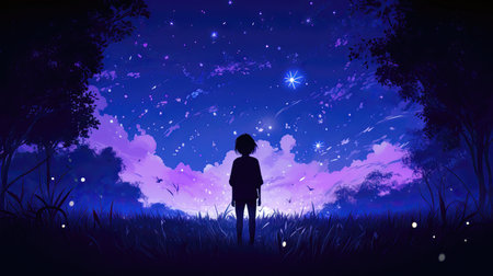 Night landscape with silhouette of girl and starry sky. Vector illustration. (ai generated)の素材