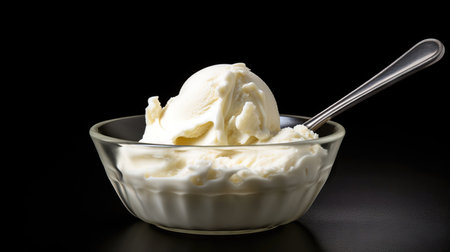 ice cream in a bowl with spoon, isolated on black background. (ai generated)の素材