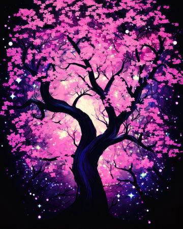 Beautiful cherry blossom tree with glowing stars. Vector illustration. (ai generated)の素材