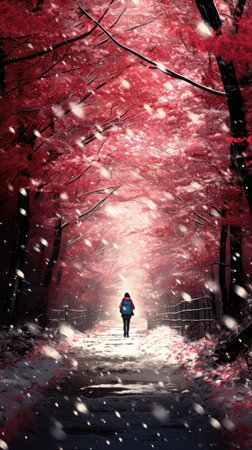 Woman walking in winter forest with snowfall. Christmas and New Year concept (ai generated)の素材