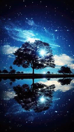 Night sky with stars and tree reflected in water. (ai generated)の素材