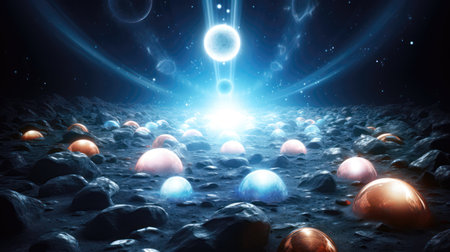 3d rendering of abstract space background with planets, stars and light (ai generated)の素材
