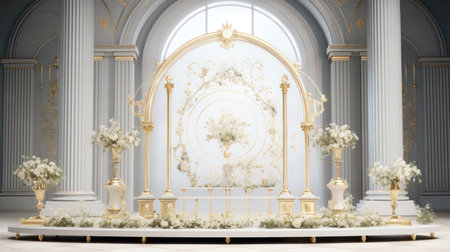 Wedding reception hall with flowers and arch. 3d rendering (ai generated)の素材