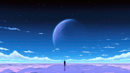 Man standing on the sea and looking at the moon. 3D rendering (ai generated)の素材