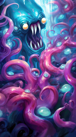 Abstract background of blue and pink watercolor with a big monster inside (ai generated)の素材