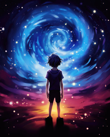 Silhouette of a boy on a background of the starry sky (ai generated)の素材