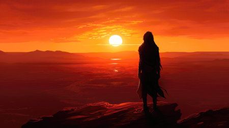 Silhouette at sunset in the desert (ai generated)の素材