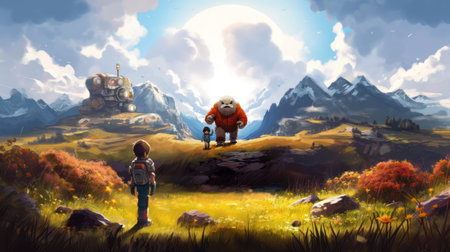 Cartoon scene with a little boy and a giant panda on the meadow, ready to meet a friend (ai generated)の素材