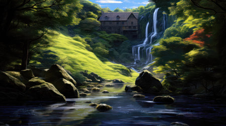 Digital painting of a waterfall in the middle of a forest with a mill in the background (ai generated)の素材