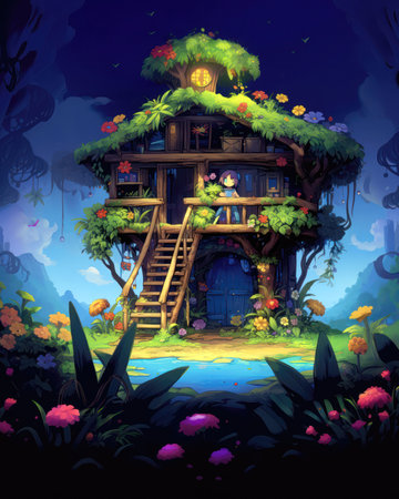 Cartoon fairy-tale house in the jungle. Vector illustration. (ai generated)の素材