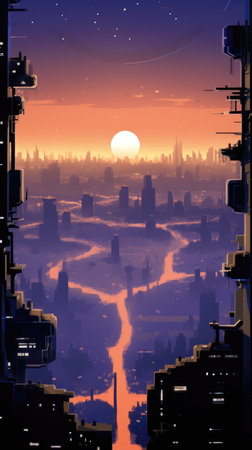 Futuristic city landscape with skyscrapers at sunset. Vector illustration. (ai generated)の素材