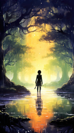 Silhouette of a woman standing in the middle of a swamp (ai generated)の素材