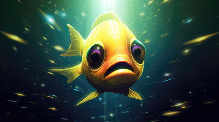 illustration of a yellow fish on a dark background with light rays (ai generated)の素材
