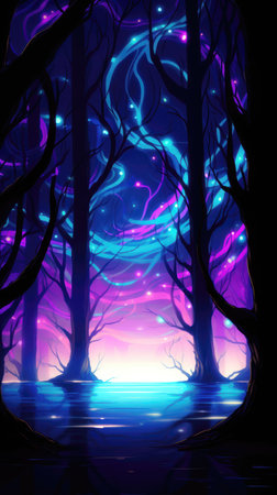 Dark forest with glowing neon lights. Halloween background. Vector illustration. (ai generated)の素材