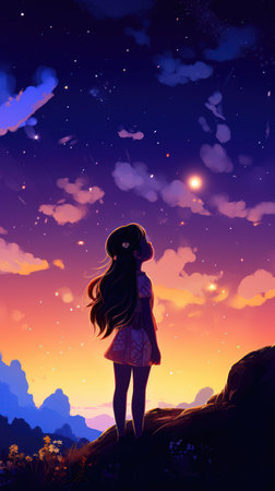 Young woman in a beautiful night landscape with stars and the moon. (ai generated)の素材