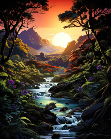 Beautiful landscape with river and forest at sunset. Digital painting. (ai generated)の素材