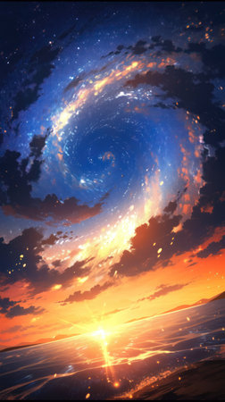 Fantastic orange and blue sky with a spiral of stars. (ai generated)の素材