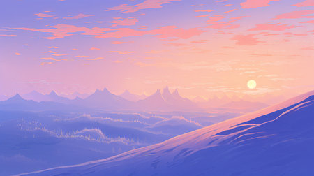 Beautiful winter landscape. Sunrise over the mountains. Vector illustration. (ai generated)の素材