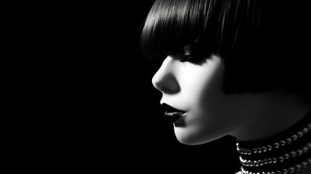 Portrait of a beautiful woman with short black hair on a black background (ai generated)の素材