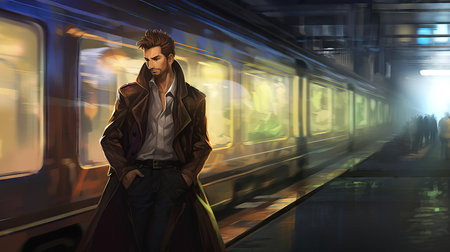 Handsome young man in a raincoat is standing in a subway station. (ai generated)の素材