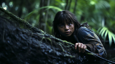 Asian boy in the jungle (ai generated)の素材