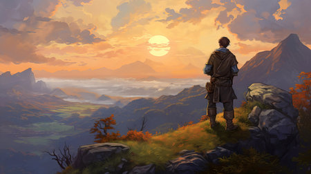Rear view of a medieval man standing on the edge of a cliff and looking at the sunset. (ai generated)の素材