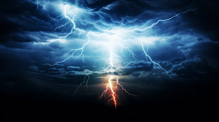 Lightning strike in dark cloudy sky. Thunderstorm. (ai generated)の素材