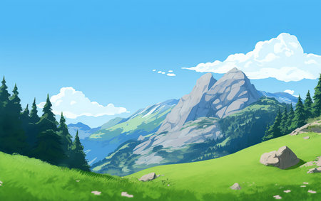 Mountain landscape with green meadow and blue sky with clouds, illustration (ai generated)の素材