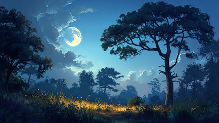 Nature landscape illustration at night with the moon (ai generated)の素材