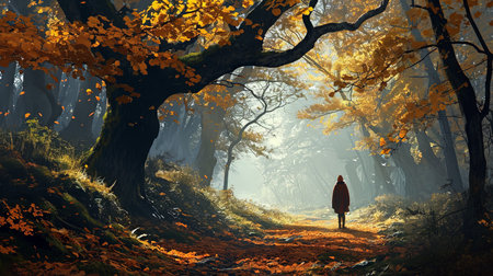 A person walking in the autumn forest. (ai generated)の素材