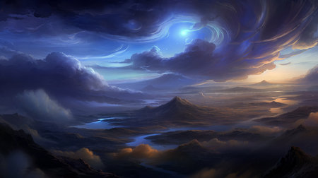 Fantasy alien planet. Mountain and lake. (ai generated)の素材