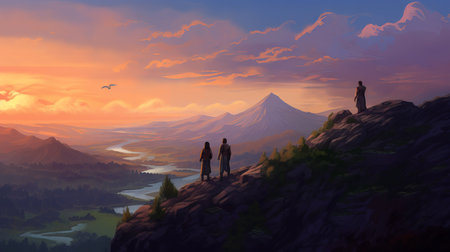 Man and woman standing on the top of the mountain and looking at the lake. (ai generated)の素材
