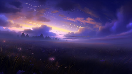 Fantasy landscape with foggy meadow at sunset. (ai generated)の素材