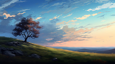 Lonely tree on a meadow at sunset. Digital painting. (ai generated)の素材