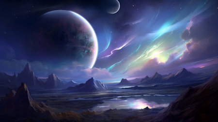 Fantasy alien planet. Mountain and lake. (ai generated)の素材