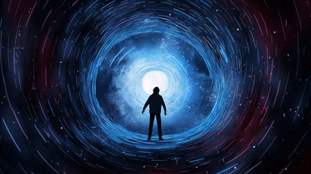 Silhouette of a man in front of a cosmic tunnel. (ai generated)の素材