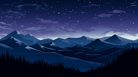 Night mountain landscape with forest and stars. Vector illustration. (ai generated)の素材