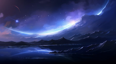 Fantasy landscape with lake, mountains and starry sky. Vector illustration. (ai generated)の素材