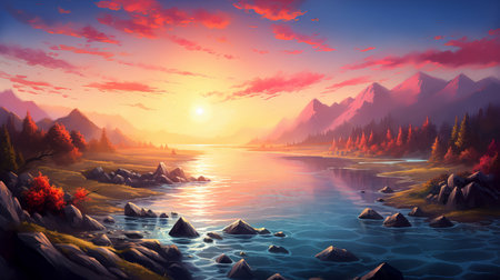 Fantasy landscape with lake and mountains at sunset. (ai generated)の素材