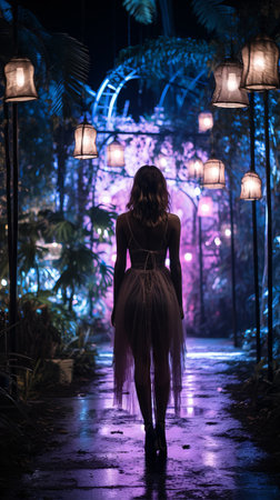 Young woman in a long white dress walks through the night tropical garden (ai generated)の素材